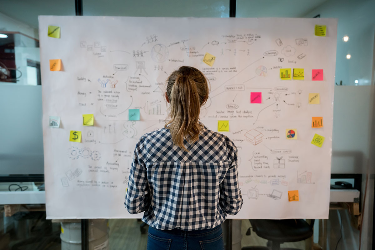 Native and traditional advertising concept - woman planning out an advertising campaign.