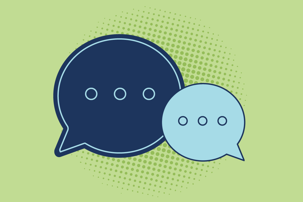 Blogging and content marketing concept - two speech bubbles on a green background.