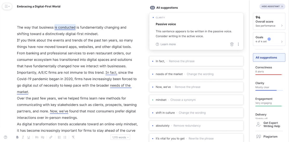 A screenshot of the Grammarly Business app with a recent article in the works.