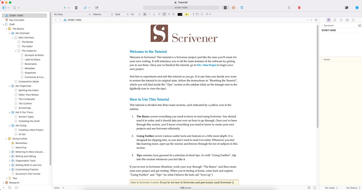 Screenshot of the Scrivener tutorial.