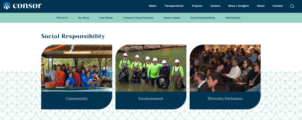 A screenshot of Consor's About page, where they talk about their social responsibility initiatives.