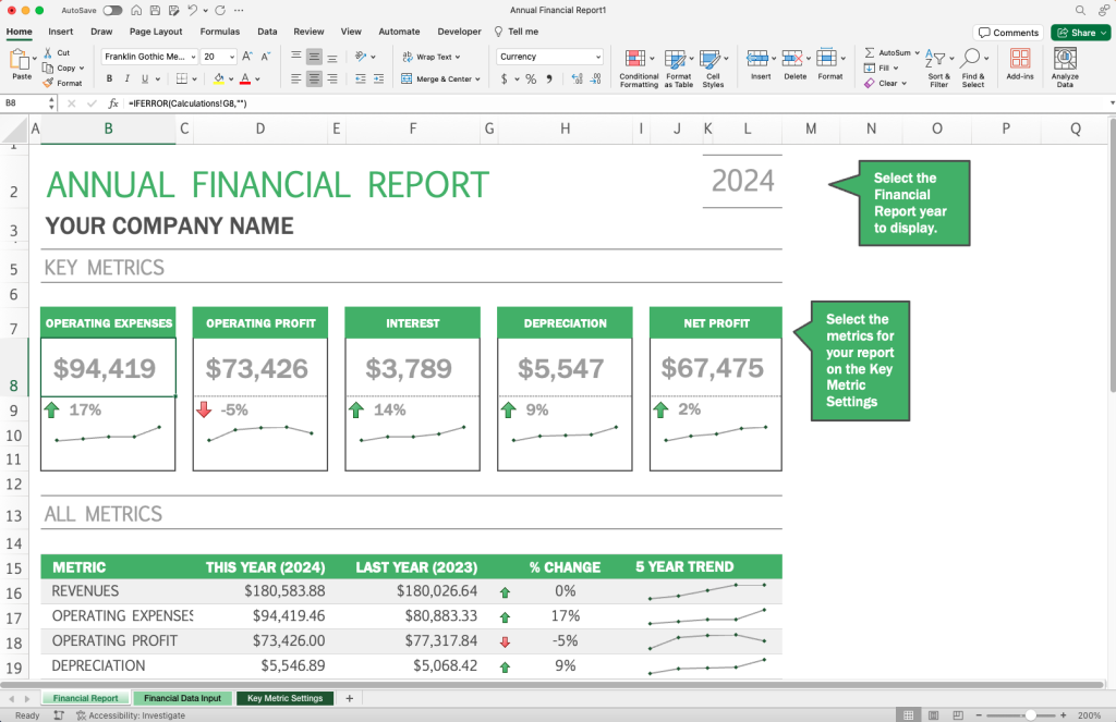 An example of an Excel spreadsheet showing sparklines and other data in a dashboard format.