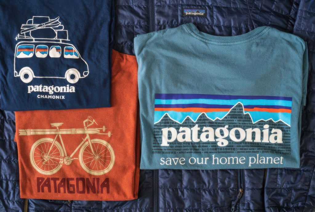 three t-shirt and a quilted jacket from Patagonia