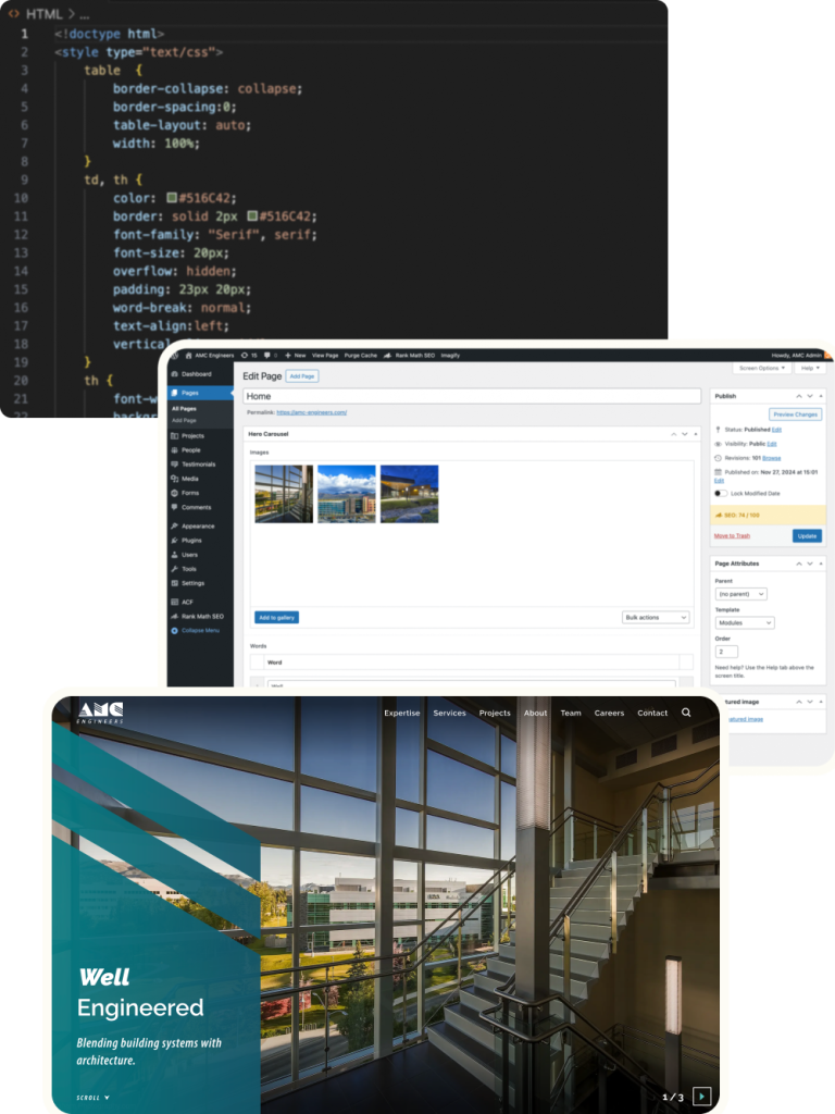 examples of website custom development with code, backend of Wordpress and the front end design.